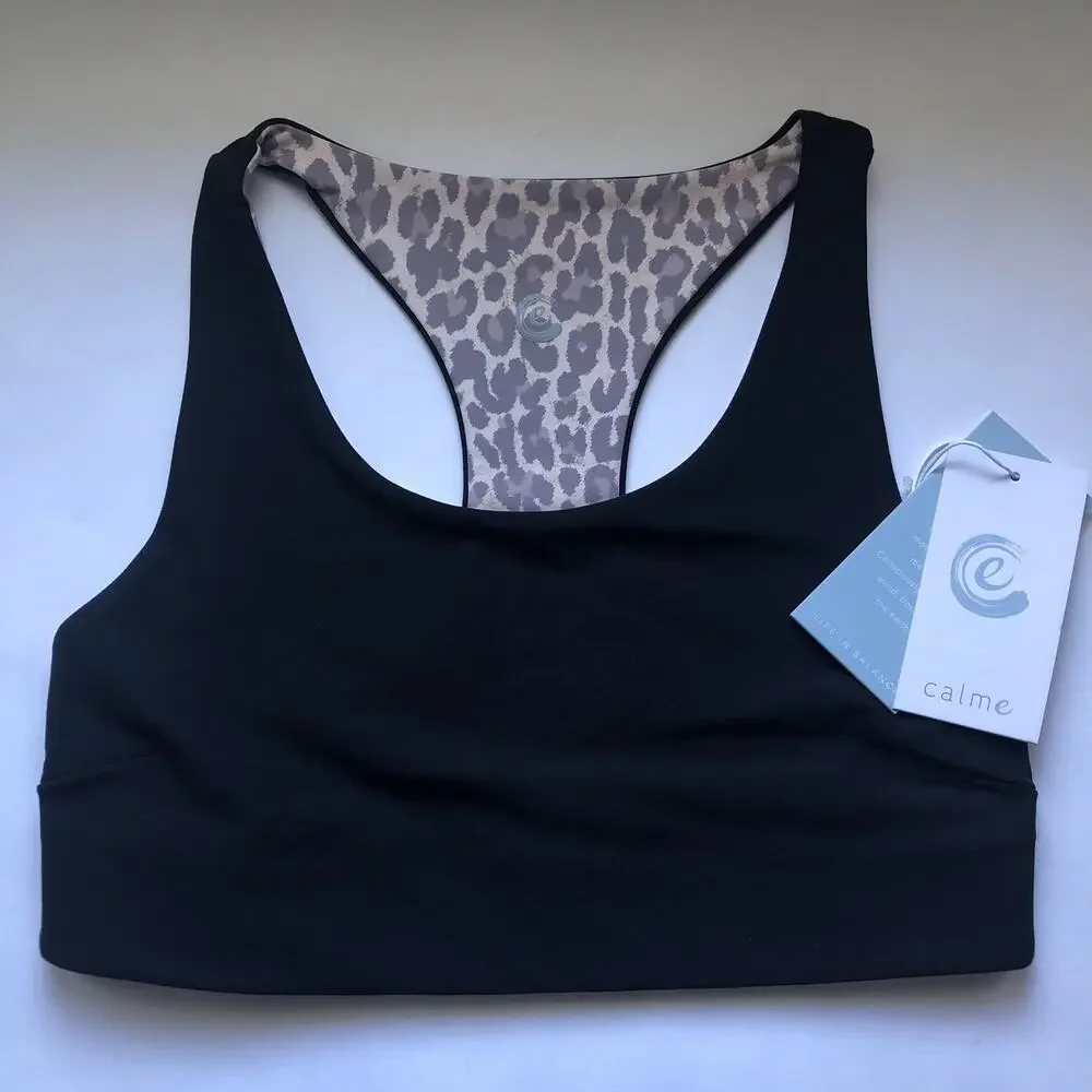 NWT Johnny Was Calme Endurance Reversible Sports Bra Black/ Cheetah Sz M